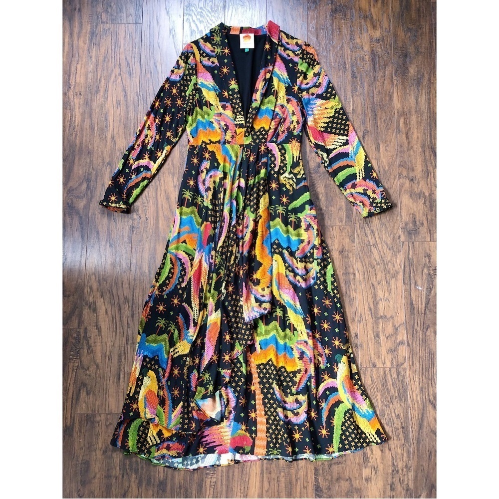Farm Rio • Macaw Island Dress long sleeve maxi black cross stitch print - Picture 2 of 16